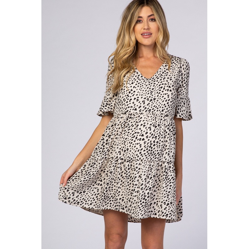 Beige Animal Print Ruffle Sleeve Maternity Dress