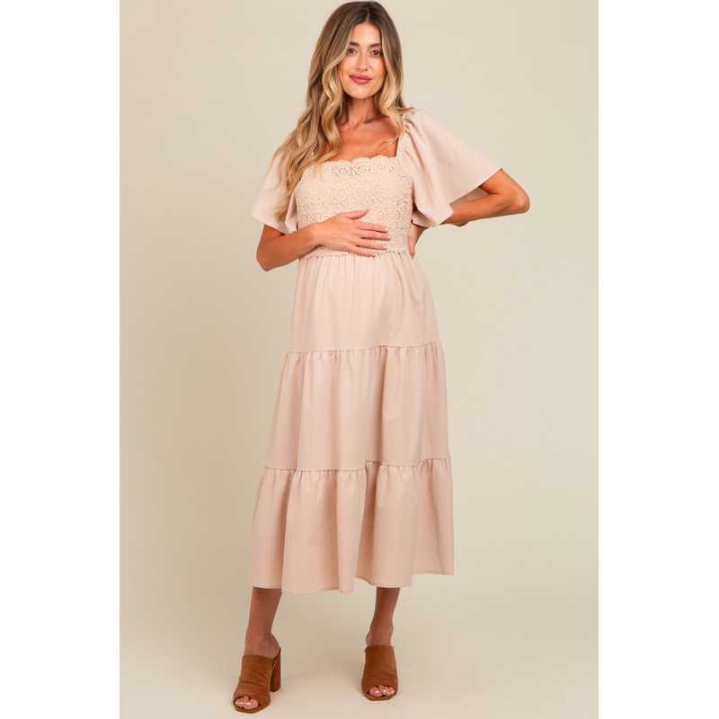 Beige Crochet Tiered Lace Maternity Midi Dress