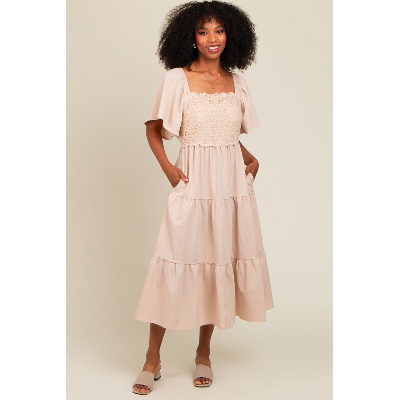 Beige Crochet Tiered Lace Midi Dress