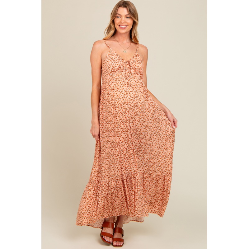 Beige Floral Tie Front Maternity Maxi Dress