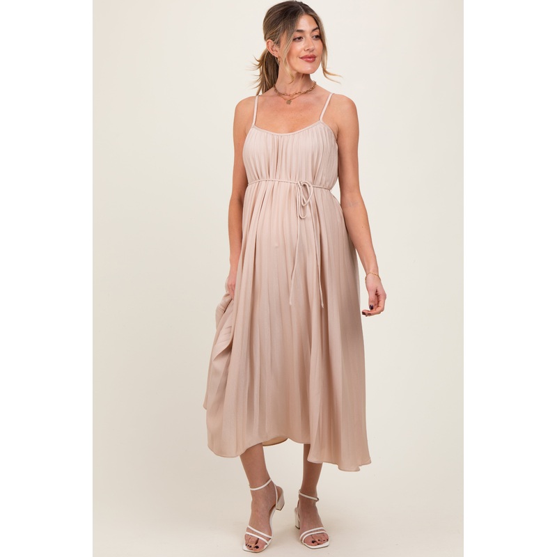 Beige Pleated Sash Tie Maternity Midi Dress