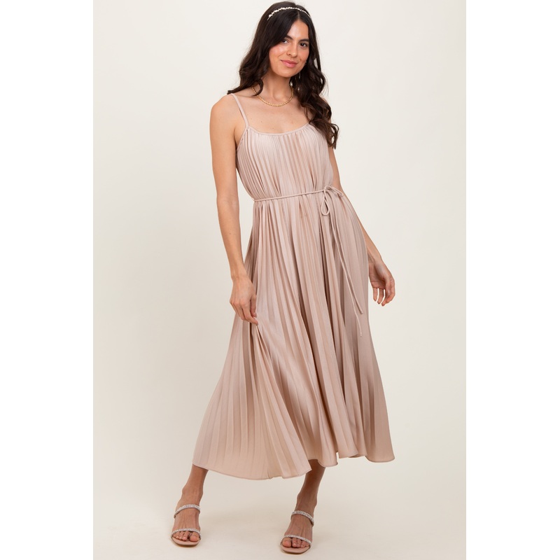 Beige Pleated Sash Tie Midi Dress