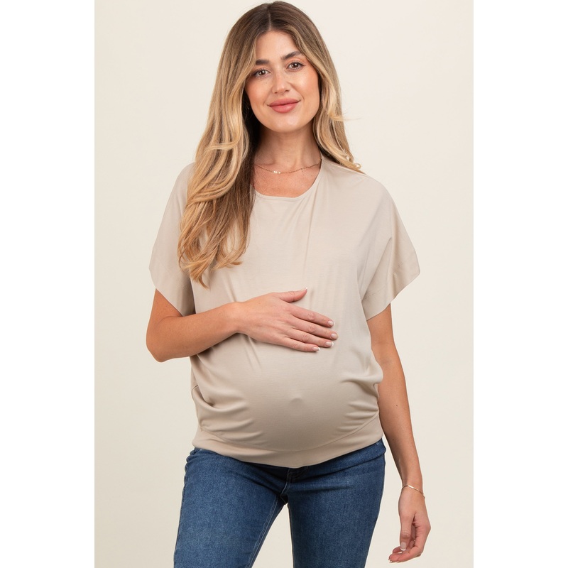 Beige Round Neck Dolman Sleeve Maternity Top
