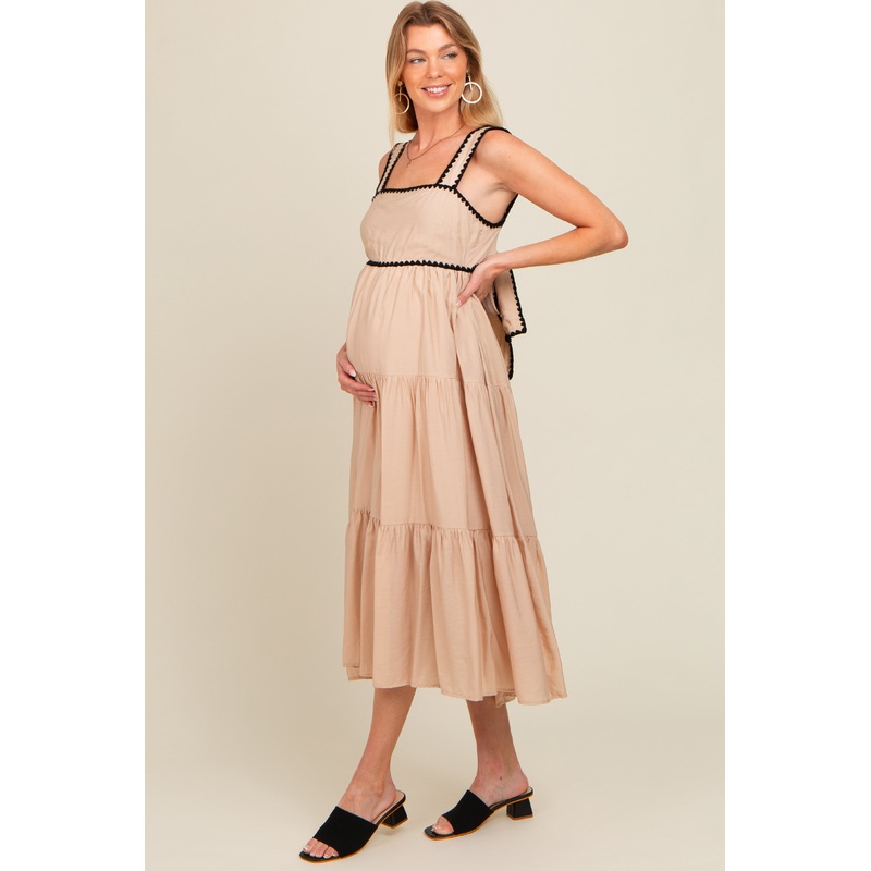 Beige Scallop Trim Tiered Maternity Midi Dress