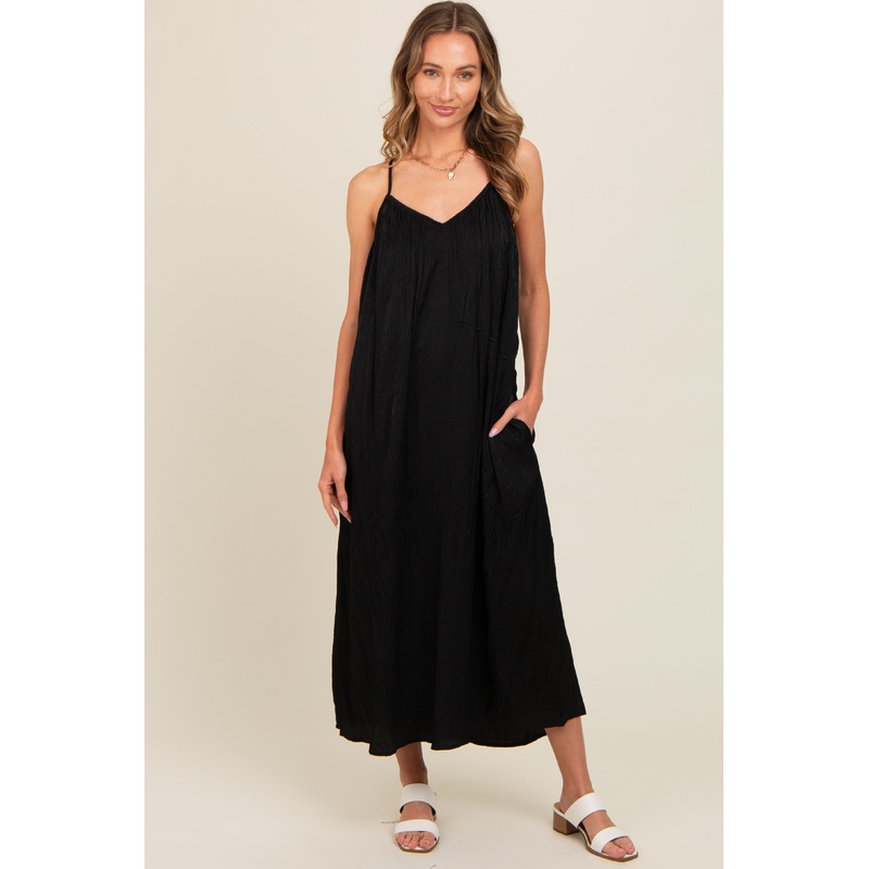 Black Crinkle V-Neck Cross Back Midi Dress