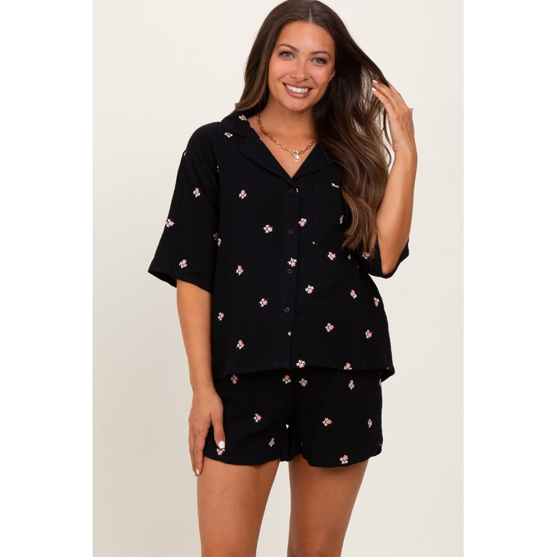 Black Floral Embroidered Top And Shorts Maternity Set