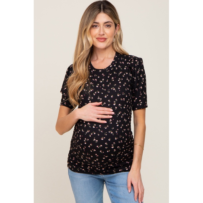 Black Floral Side Ruched Maternity Short Sleeve Top