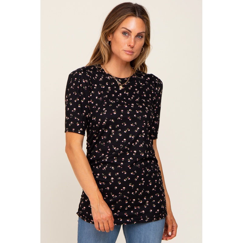Black Floral Side Ruched Short Sleeve Top