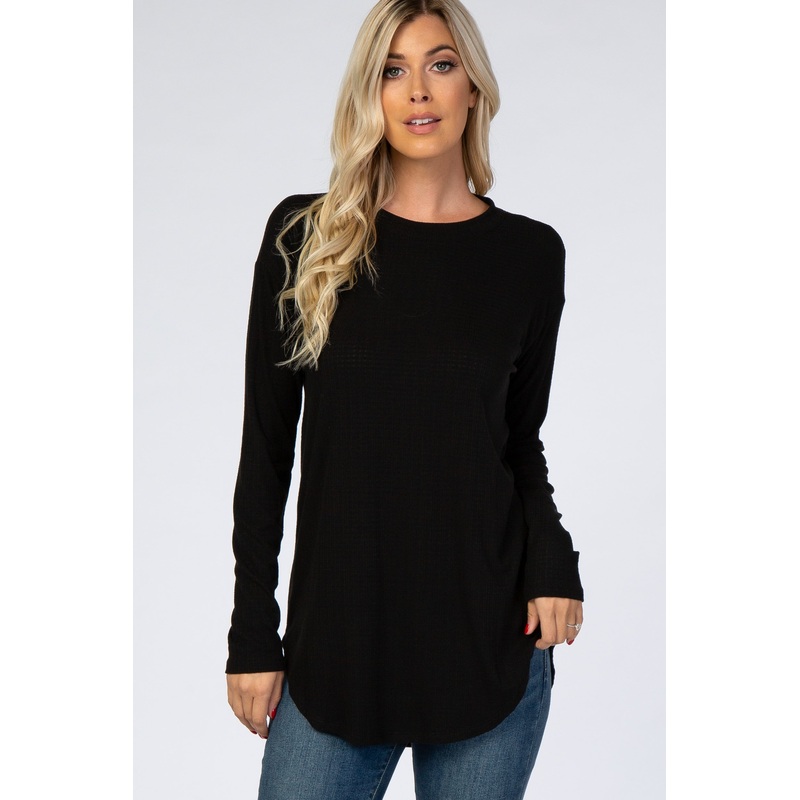 Black Long Sleeve Round Hem Textured Top