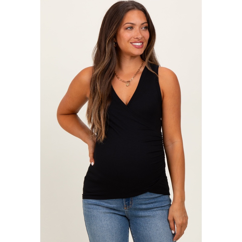Black Ribbed Crossover Neckline Maternity/Nursing Tank
