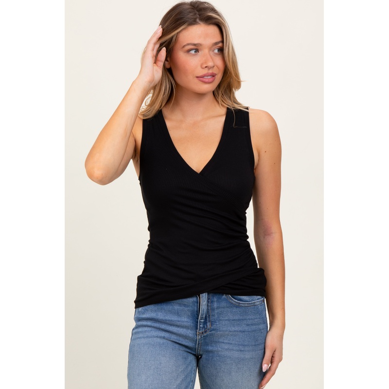 Black Ribbed Crossover Neckline Tank