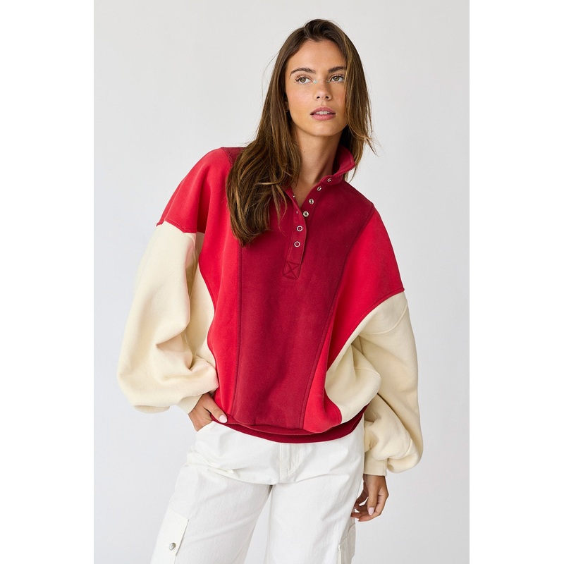 Red Colorblock Snap Button Polo Sweatshirt