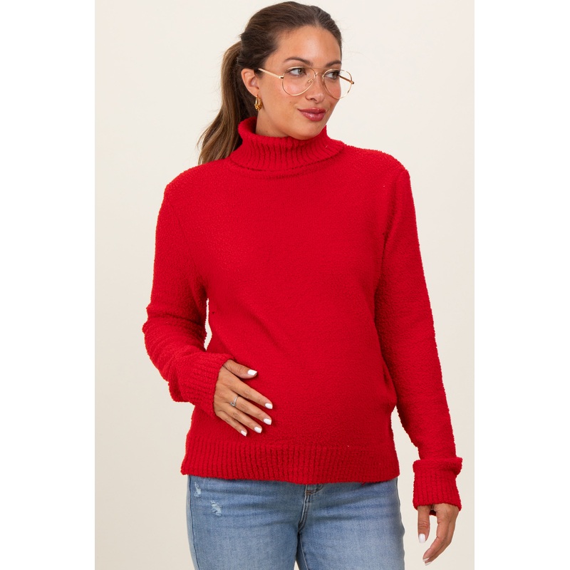 Red Turtleneck Chenille Knit Maternity Sweater