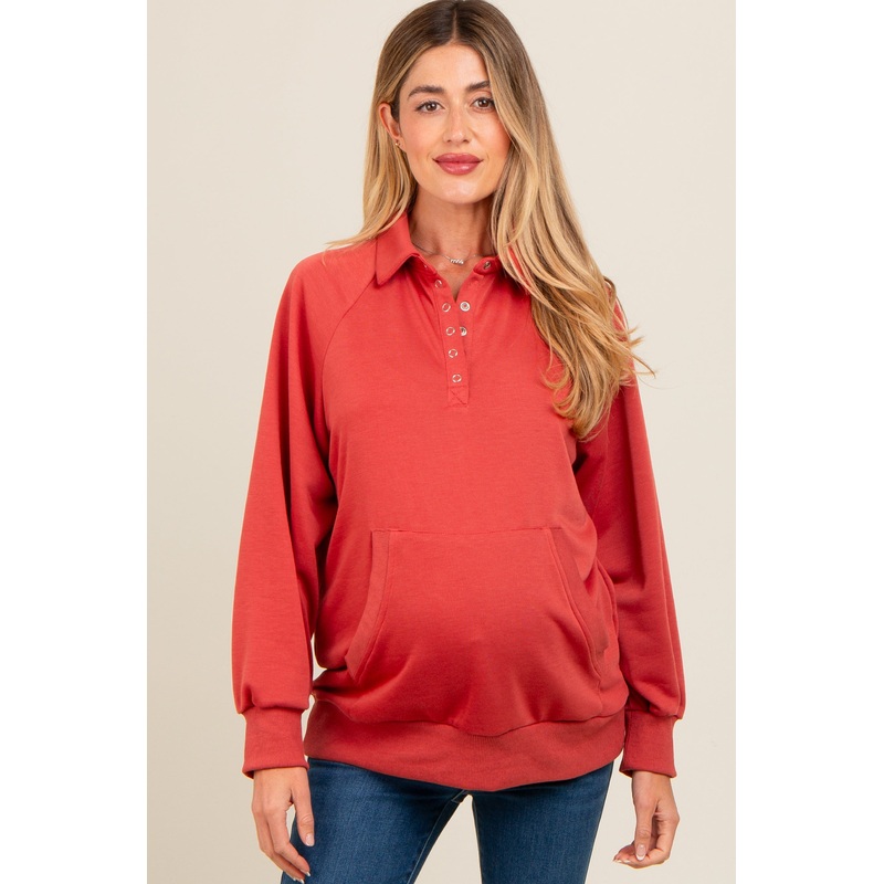 Rust Collared Snap Button Maternity Pullover