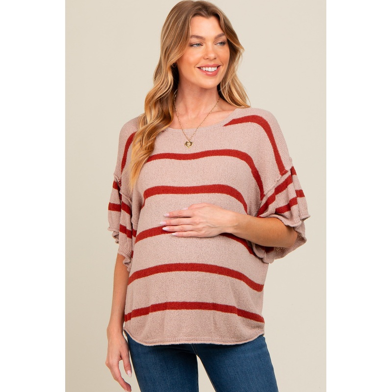 Rust Striped Ruffle Sleeve Knit Maternity Top
