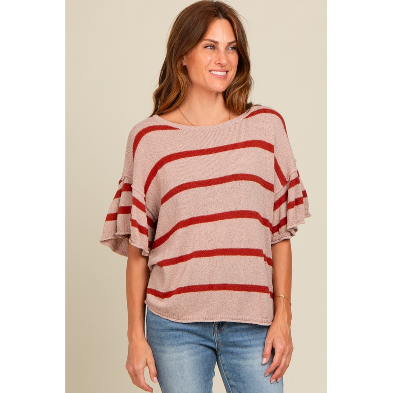 Rust Striped Ruffle Sleeve Knit Top