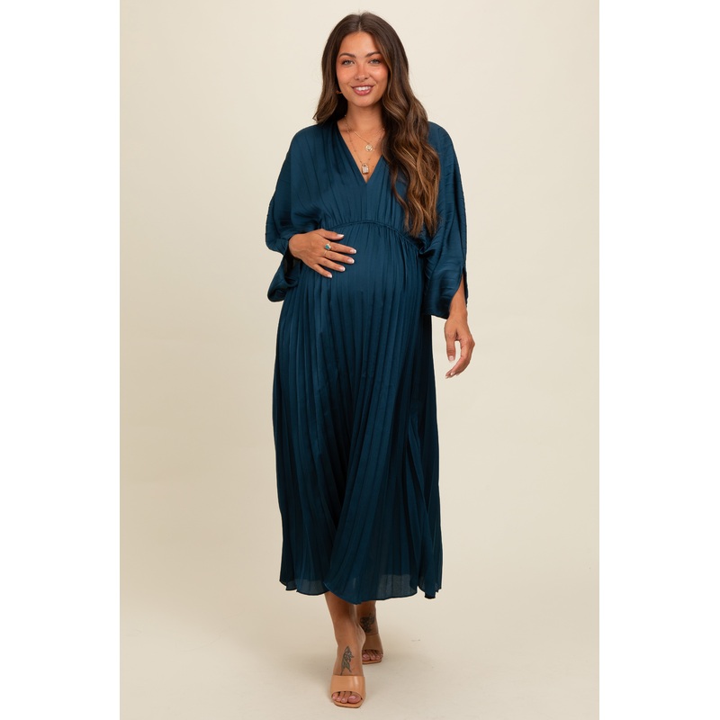 Teal Satin Pleated V-Neck Maternity Maxi Dress