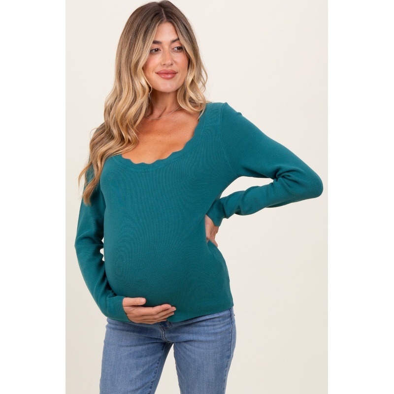 Teal Scallop Hem Square Neck Maternity Sweater