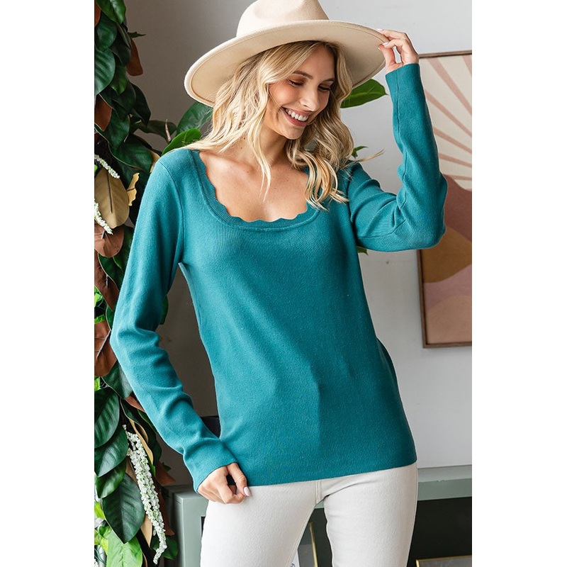 Teal Scallop Hem Square Neck Sweater