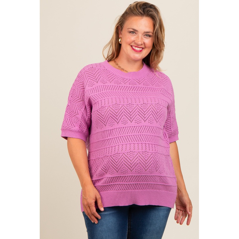 Violet Crochet Knit Short Sleeve Sweater Maternity Plus Top