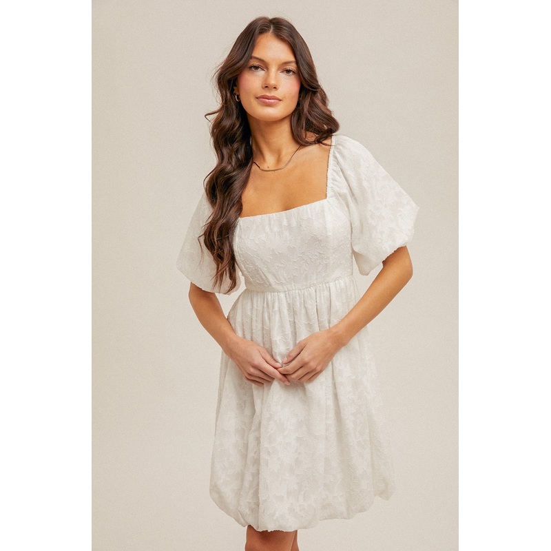 White Chiffon Jacquard Print Square Neck Bubble Dress