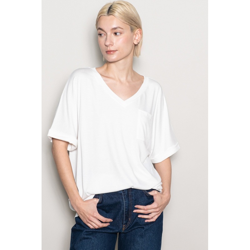 White Oversized V-Neck Front Pocket T-Shirt