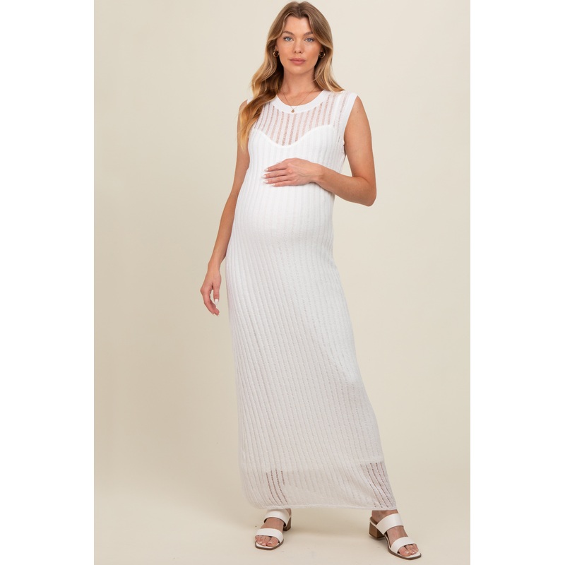 White Sheer Knit Layered Maternity Maxi Dress