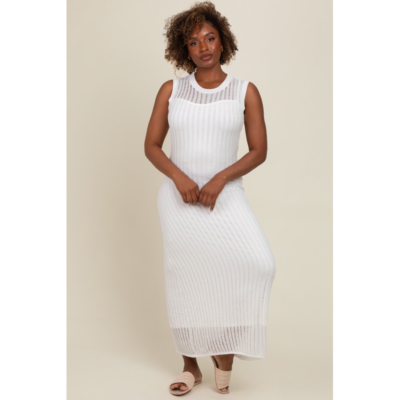 White Sheer Knit Layered Maxi Dress