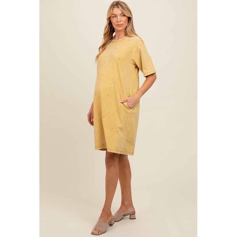Yellow Rhinestone Mineral Washed Maternity T-Shirt Dress