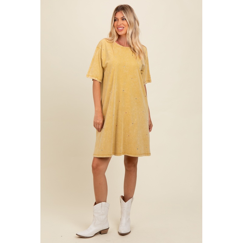 Yellow Rhinestone Mineral Washed T-Shirt Dress