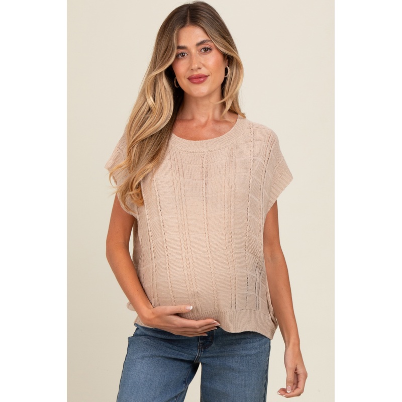Beige Knit Short Sleeve Sweater Maternity Top
