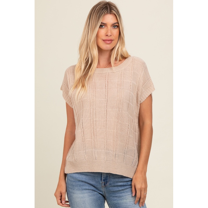 Beige Knit Short Sleeve Sweater Top