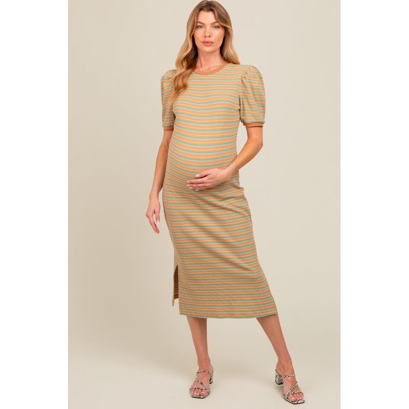 Beige Multi Striped Puff Sleeve Maternity Midi Dress