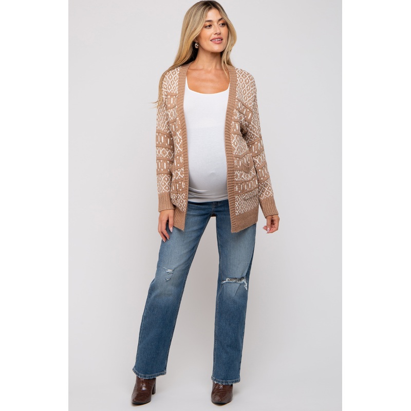 Beige Pattern Knit Maternity Cardigan