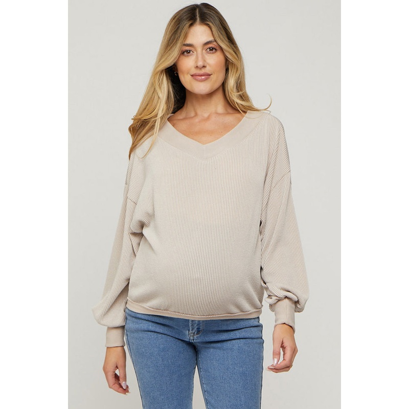 Beige Ribbed V-Neck Cropped Maternity Sweater