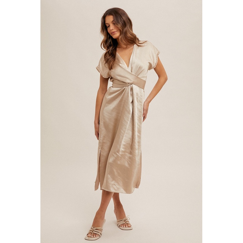 Beige Satin V-Neck Fringe Detail Midi Dress
