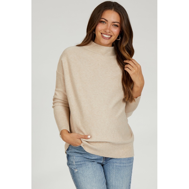 Beige Soft Knit Mock Neck Maternity Sweater