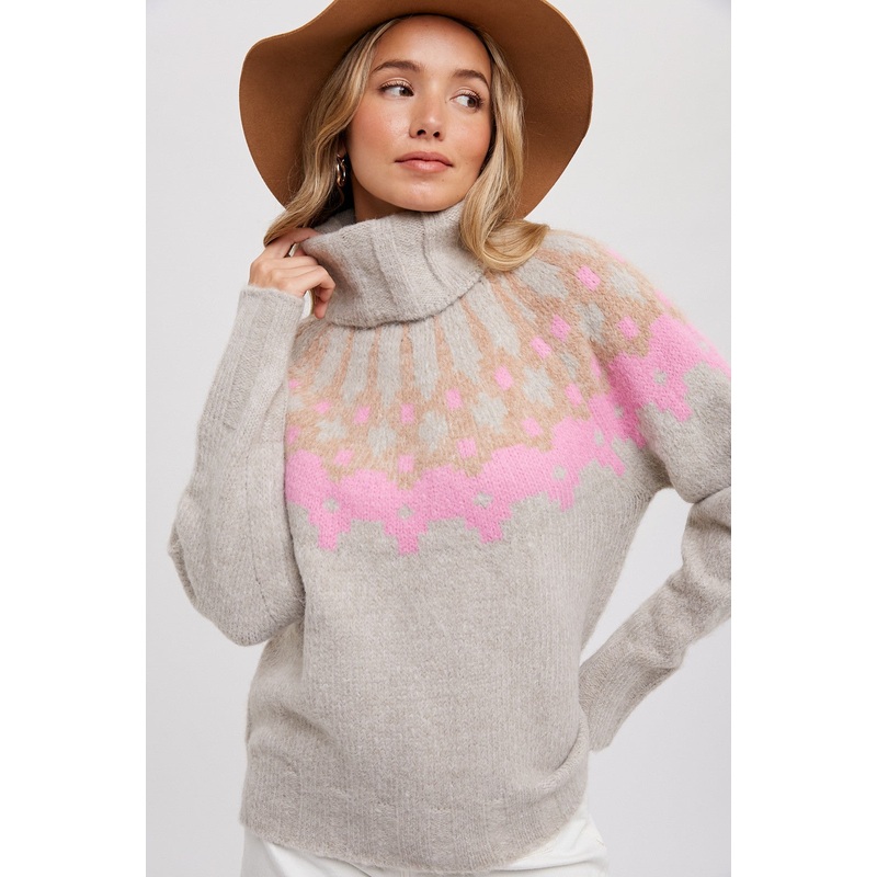 Beige Turtleneck Fair Isle Sweater