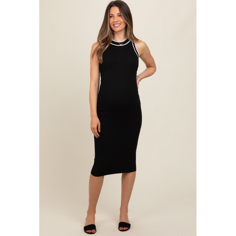Black Contrast Stripe Knit Maternity Midi Dress