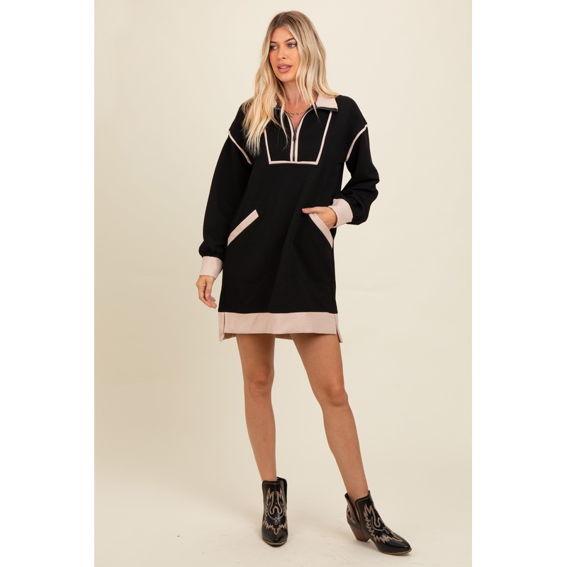 Black Contrast Trim Collared Zip Up Mini Dress