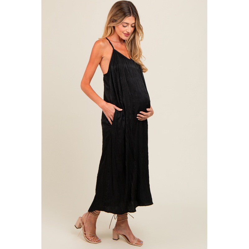 Black Crinkle V-Neck Cross Back Maternity Midi Dress