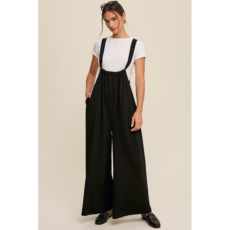 Black Ribbed Drawstring Wide Leg Jumpsuit