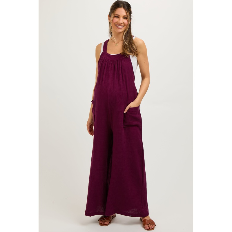 Burgundy Wide Leg Tie Back Maternity Overalls