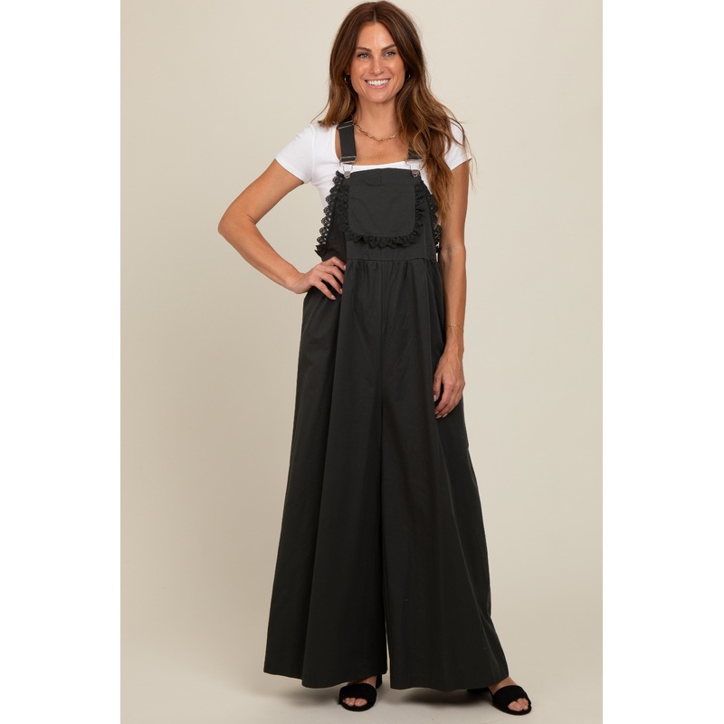 Charcoal Crochet Lace Trim Overalls