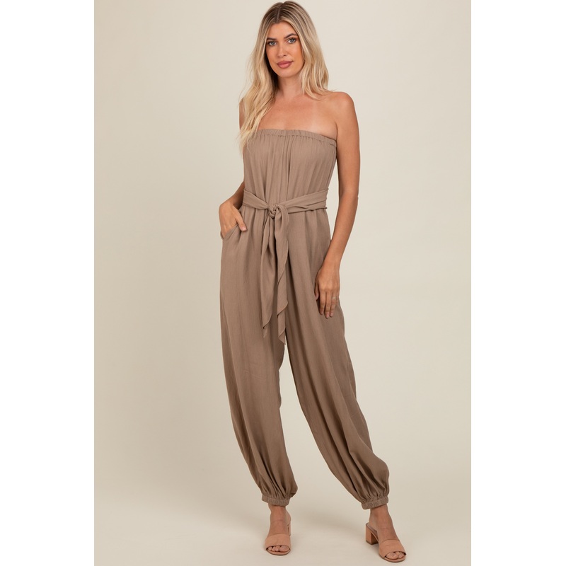 Mocha Strapless Sash Tie Jumpsuit