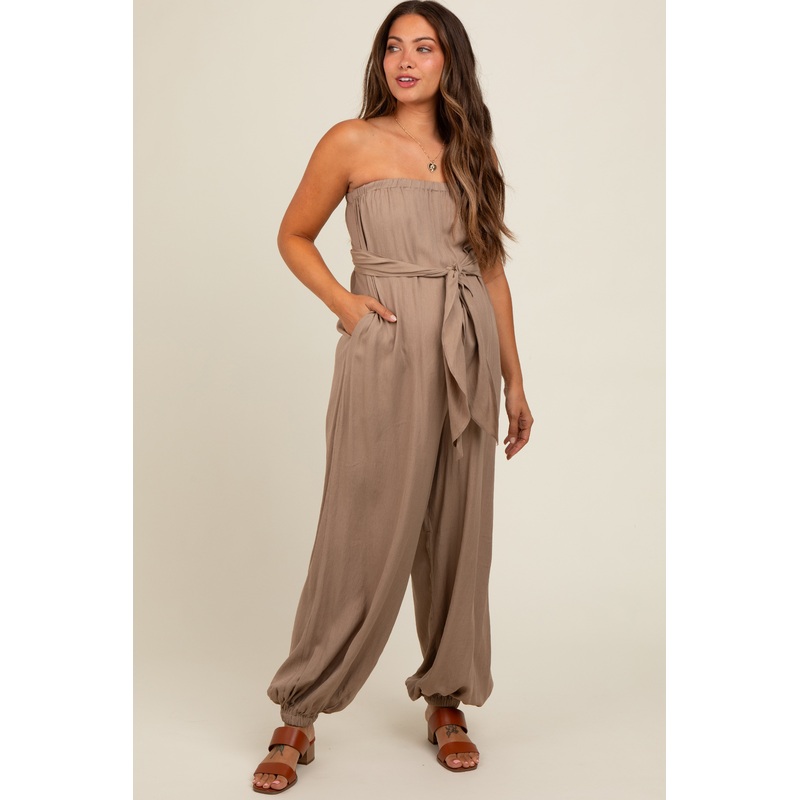Mocha Strapless Sash Tie Maternity Jumpsuit