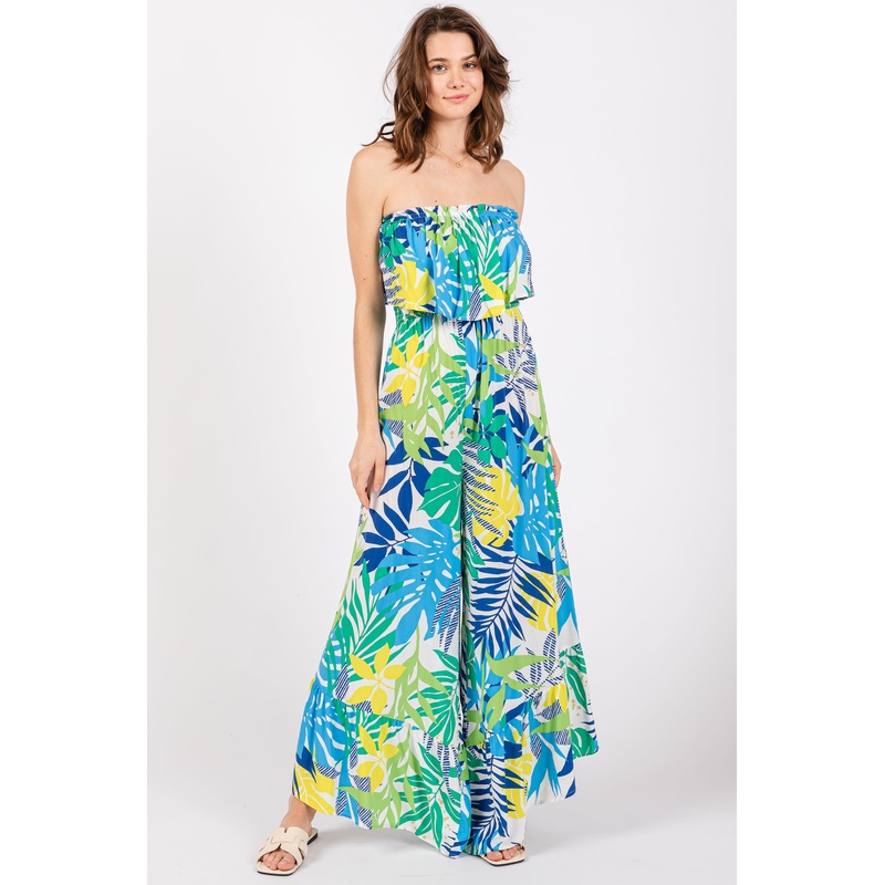 Multi-Color Palm Strapless Ruffle Wide Leg Jumpsuit