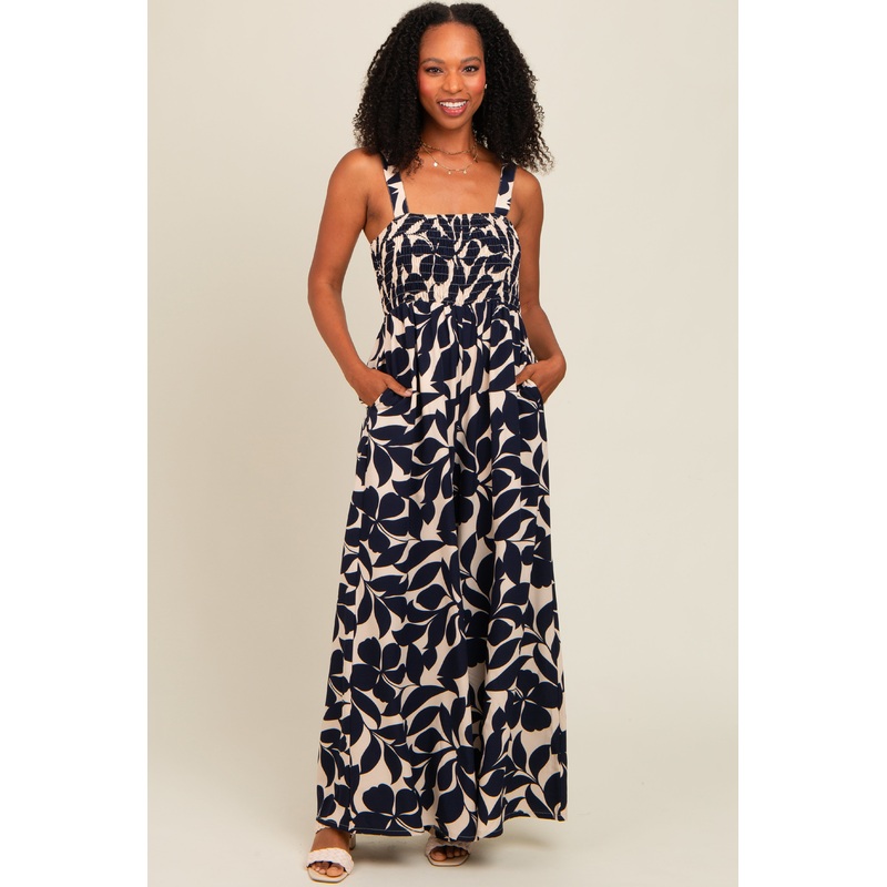 Navy Floral Smocked Wide Leg Jumpsuit