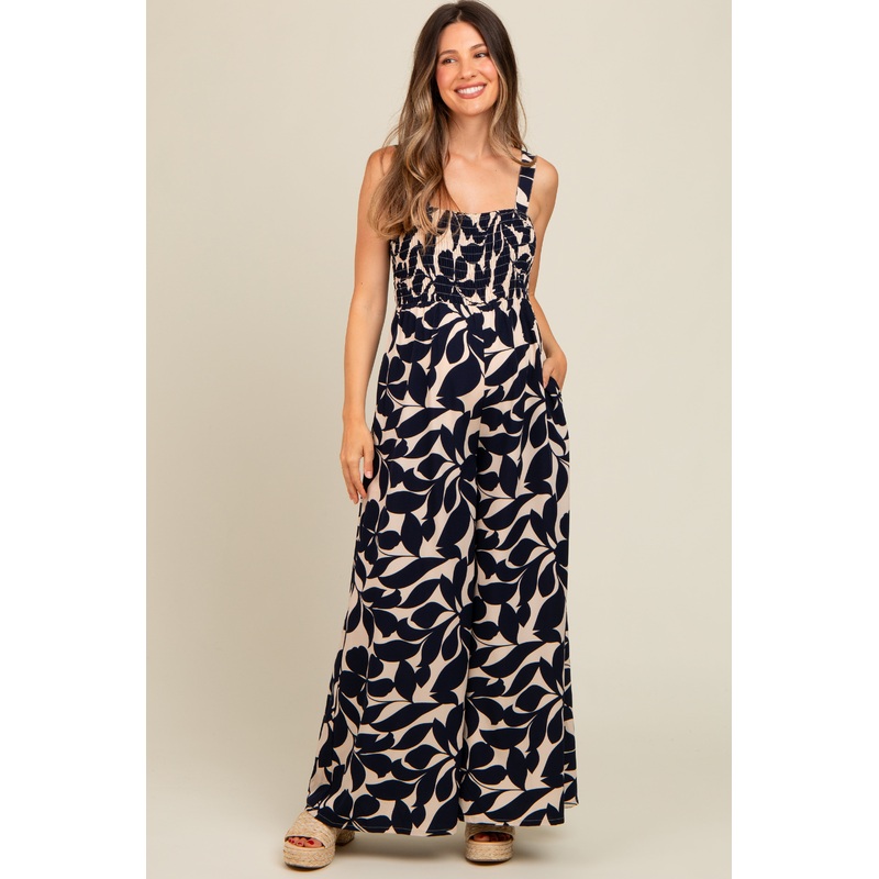 Navy Floral Smocked Wide Leg Maternity Jumpsuit