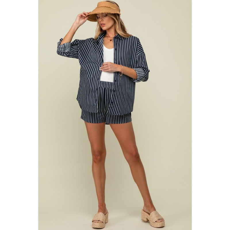 Navy Striped Button Down Top And Shorts Maternity Set